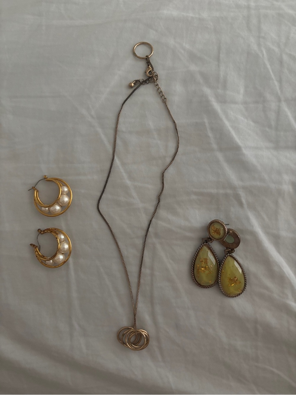 Gold-Tone Fashion Jewelry Set | Pearl Hoops + Drop Earrings + Necklace